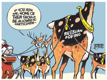 Santa's reindeer are troubled with participation by tainted Russians. (Cartoon by Malcolm Mayes)