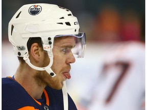 Edmonton Oilers captain Connor McDavid warms up prior to Tuesday's 7-2 win over the Columbus Blue Jackets.