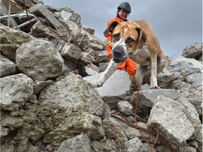 Buddy, 3, with his handler Jaimie Jackson of the Canadian Search and Rescue Dog Association who held training sessions for dogs they send abroad to conduct rescues after natural disasters, on a big pile of rubble at a recycling depot in Sherwood Park on April 30, 2017.