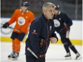 Edmonton Oilers head coach Todd McLellan instructs his players during practice at Rogers Place on Thursday, Dec. 7, 2017. (Ian Kucerak)