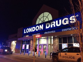 Edmonton Police Service investigates after a stabbing inside a London Drugs at 149 Street and Stony Plain Road on Friday. Catherine Griwkowsky/Postmedia