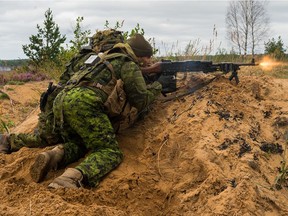 Canadian soldiers with NATO's enhanced Forward Presence Battlegroup Latvia engage enemy force personnel on Aug. 24, 2017, during the Certification Exercise being held at Camp Adazi, Latvia.