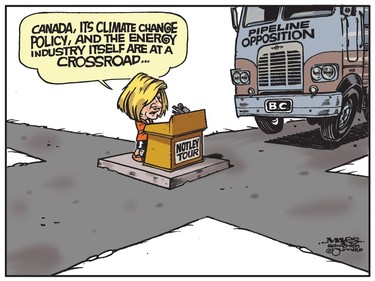 Rachel Notley and her speaking tour meet pipeline opposition at the crossroad. (Cartoon by Malcolm Mayes)