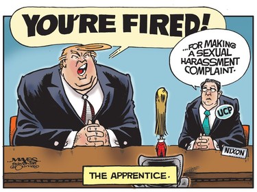 UCP MLA Jason Nixon is Trump's Apprentice after firing sexual harassment complainant. (Cartoon by Malcolm Mayes)