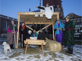 People with a Live Nativity Scene at the Robertson-Wesley United Church on Saturday, Dec. 16, 2017 in Edmonton. Visitors were also able to listen to stories while roasting marshmallows on a fire.