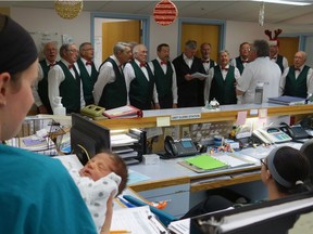 For the past six years, the Grove City Barbershop Harmony chorus has sung at the Sturgeon hospital in St. Albert. There were tears, hugs, smiles, handshakes and compliments as the 17 men went floor to floor on Dec. 6, 2017. Stopping at the nurse's stations they placed themselves so their voices could be heard in two directions. At one station, one of the nurses stood listening while cuddling a baby.