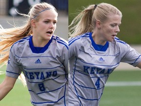 Zara Chambers, left, and Bridget Chambers during games with the Keyano College's women's soccer team.