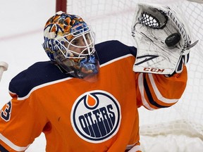Edmonton Oilers goalie Cam Talbot makes a save against the Dallas Stars during NHL action on Oct. 26, 2017, in Edmonton.