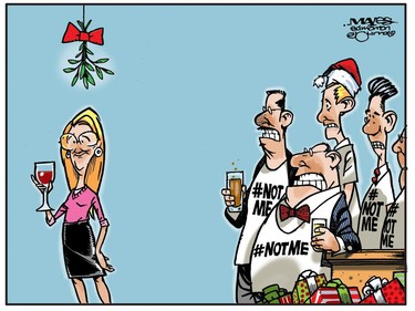 Men wearing #NotMe t-shirts avoid women at staff Christmas party. (Cartoon by Malcolm Mayes)