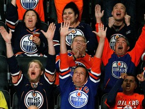 Edmonton Oilers fans watch their team play the Anaheim Ducks on the big screen at Rogers Place in Edmonton on Wednesday May 10, 2017. They were playing game seven of their Stanley Cup playoff series in Anaheim, California.