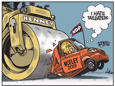 Jason Kenney steamroller tailgates Rachel Notley car. (Cartoon by Malcolm Mayes)