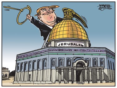 Donald Trump pulls explosive pin with Jerusalem decision. (Cartoon by Malcolm Mayes)