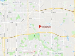 Location of a struck gas line that disrupted traffic in south Edmonton on Thursday, Dec. 14, 2017.