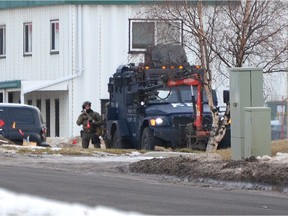 Police tactical units at the scene of an "unfolding incident" in an industrial area of Sherwood Park Tuesday, Dec. 12, 2017.