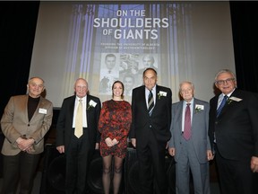 Three doctors were celebrated last week at the Royal Alberta Museum for pioneering the world-class Division of Gastroenterology at the University of Alberta. On stage after On the Shoulders of Giants was shown are second fellow Dr. Dennis Todoruk, left, Dr. Ronald Wensel, Jenna Bailey, historian, director and producer of the film, founder Dr. Wilfred Weinstein, founder Dr. Richard Sherbaniuk and first fellow Dr. Robert J. Bailey.