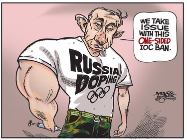 Vladimir Putin thinks Olympic ban for Russian doping is one-sided. (Cartoon by Malcolm Mayes)