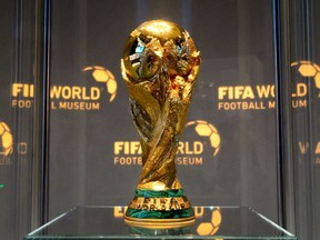 The World Cup trophy at the FIFA World Football Museum during its inauguration on February 28, 2016