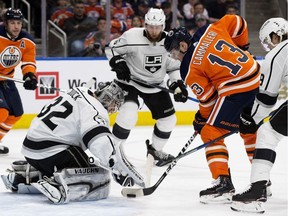 Edmonton Oilers forward Michael Cammalleri (13) is stopped by the Los Angeles Kings' goalie Jonathan Quick (32) during first period NHL action at Rogers Place in Edmonton Tuesday, Jan. 2, 2018.