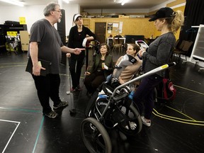 Director Jim Guedo talks with the cast of The Ladies Foursome (left to right) Belinda Cornish, Karen Wood, Amber Lewis and Stephanie Wolfe during rehearsal at the Mayfield Dinner Theatre in Edmonton, Tuesday Jan. 30, 2018.