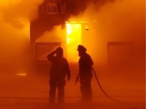 Fire crews battle a blaze that destroyed the Leslieville Elks Hall on Friday, Dec. 29, 2017.