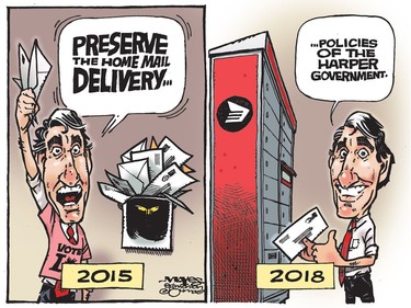 After campaigning against them, Justin Trudeau adopts the Harper Government's mail delivery policies for Canada Post. (Cartoon by Malcolm Mayes)