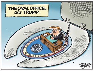 Donald Trumps drags the Oval Office into the toilet. (Cartoon by Malcolm Mayes)
