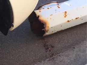 Sherwood Park man Jason Orr snapped these pictures of a corroded light pole after it fell on and damaged his Jeep in October 2017.