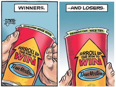 Minimum wage hike creates winners and losers at Tim Horton's. (cartoon by Malcolm Mayes)