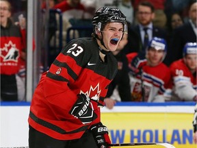 The Regina Pats' Sam Steel celebrates one of the four goals he scored for Canada at the recent world junior hockey championship.