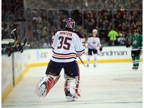 Al Montoya takes to the ice for the first time as a member of the Edmonton Oilers, getting in against the Dallas Stars in the second period at American Airlines Center on Saturday, Jan. 6, 2018.