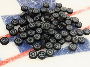 A pile of pucks during the GEICO NHL Save Streak during the 2018 NHL All-Star Skills Competition at Amalie Arena on Jan. 27, 2018, in Tampa, Fla.
