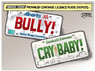Alberta and Saskatchewan continue licence plate dispute. (Cartoon by Malcolm Mayes)