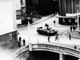 his file photo taken in August 1968 in Prague shows confrontations between demonstrators and the Warsaw Pact troops and tanks, who invaded Czechoslovakia to crush the so called Prague Spring reform and re-establish a totalitarian regime. AFP PHOTO / STRSTR/AFP/Getty Images