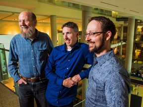 From left, Dr. Rich Sutton, Dr. Michael Bowling and Dr. Patrick Plarski, all professors specializing in artificial intelligence at the University of Alberta, will run the new Edmonton offices of Google DeepMind. DeepMind, Google's AI research division, announced the deal on July 5, 2017.