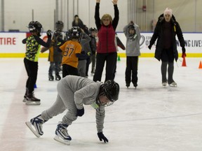 Elijah Red Crow from Delton School takes part in a new community program, CanSkate@School, at Edmonton's Downtown Community Arena that is preparing elementary-aged students for ice sports and recreational skating on Wednesday, Jan. 17, 2018 in Edmonton.