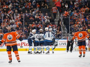 The Winnipeg Jets celebrate one of their many goals agains the Edmonton Oilers on New Year's Eve at Rogers Place. The Jets won 5-0.