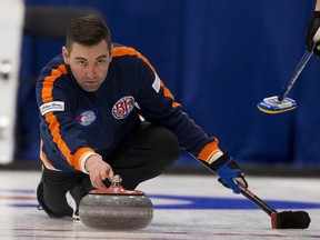 Skip Ted Appelman throws a rock at the 2017 Alberta Boston Pizza Cup men's curling championship in Westlock,on Wednesday February 8, 2017.