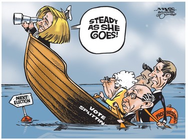 Rachel Notley heads towards next election while hindered by vote-splitting by Progressives. (Cartoon by Malcolm Mayes)