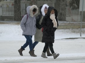 Three pedestrians on 51 Avenue near 111 Street take a walk as snow falls in the Edmonton region on Jan. 9, 2018.