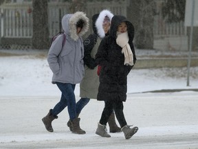 Three pedestrians on 51 Avenue near 111 Street take a walk as snow falls in Edmonton on Jan. 9, 2018.