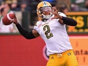 Edmonton Eskimos quarterback James Franklin about to air out a pass against the Calgary Stampeders on June 11, 2017.