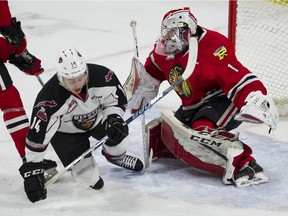 Vancouver Giants #14 James Malm crashes past Portland Winterhawks goalie Shane Farkas in the first period of a regular season WHL hockey game at LEC, Vancouver, January 20 2018.