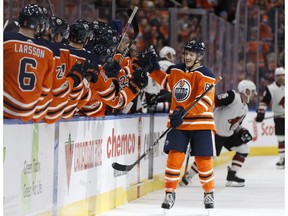 Edmonton Oilers defenceman Matt Benning (83) celebrates a goal against the Arizona Coyotes in Edmonton on Nov. 28, 2017. (File)