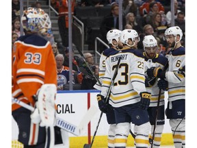 Buffalo Sabres' Ryan O'Reilly (90) celebrates a goal with teammates against the Edmonton Oilers at Rogers Place in Edmonton on Tuesday, Jan. 23, 2018. (Ian Kucerak)