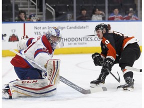 Edmonton Oil Kings goaltender Josh Dechaine (31) stops Medicine Hat Tigers' James Hamblin (10) at Rogers Place in Edmonton on Wednesday, Jan. 24, 2018. Ian Kucerak)