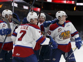 Edmonton's David Kope (20) celebrates a goal with his team during the third period of a WHL game between the Edmonton Oil Kings and the Medicine Hat Tigers at Rogers Place in Edmonton on Wednesday, Jan. 24, 2018.