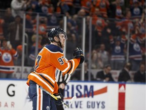 Edmonton's Connor McDavid (97) celebrates a shootout goal during a NHL game between the Edmonton Oilers and the Calgary Flames at Rogers Place in Edmonton, Alberta on Thursday, Jan. 25, 2018. Photo by Ian Kucerak