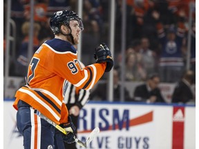 Edmonton's Connor McDavid (97) celebrates a shootout goal during a NHL game between the Edmonton Oilers and the Calgary Flames at Rogers Place on Thursday, Jan. 25, 2018.