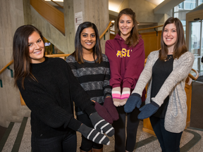 Rikkea Roberge, Vanessa Gomez, Lindsay Penny, Britney Blomquist and Mary Douglas (not pictured) are Public Relations diploma students in MacEwan University’s School of Business. The team created Thrifty Mitties for their Business 201 Mission Possible project.