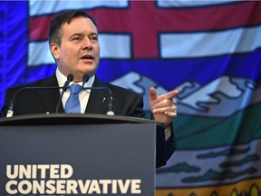 Jason Kenney, UCP leader of the official opposition, speaking to supporters after being sworn in as member of Calgary-Lougheed in the Chamber at the Alberta Legislature in Edmonton, January 29, 2018.